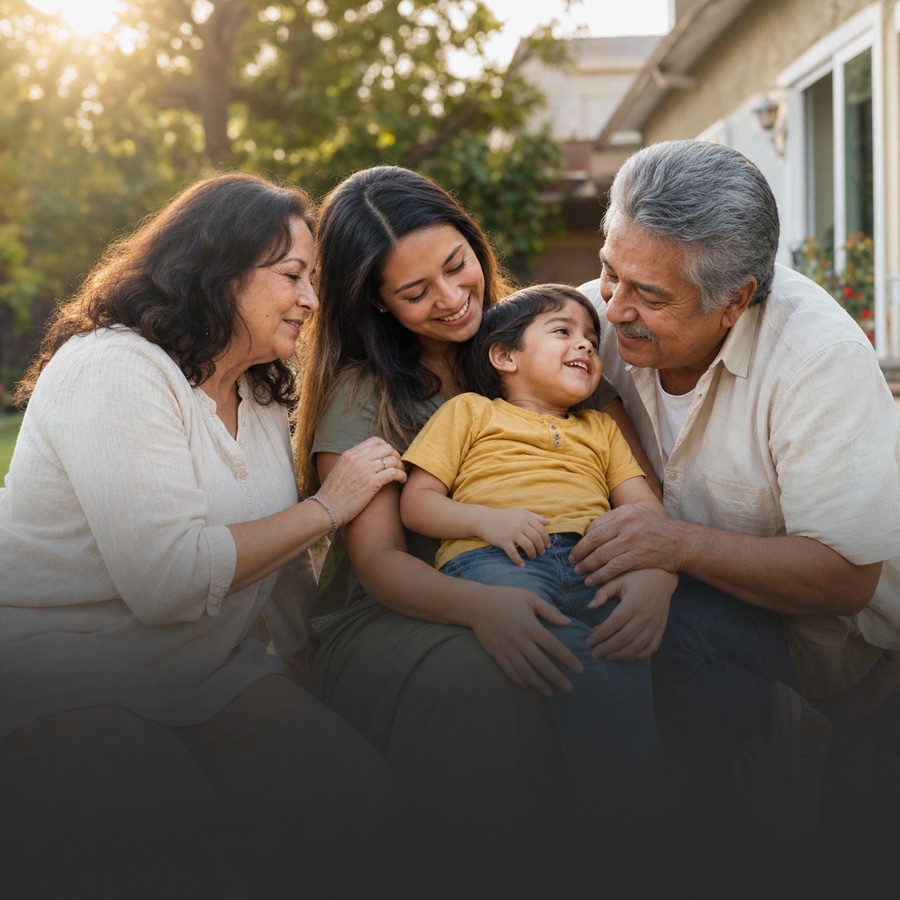 Tres generaciones de una familia reunidas